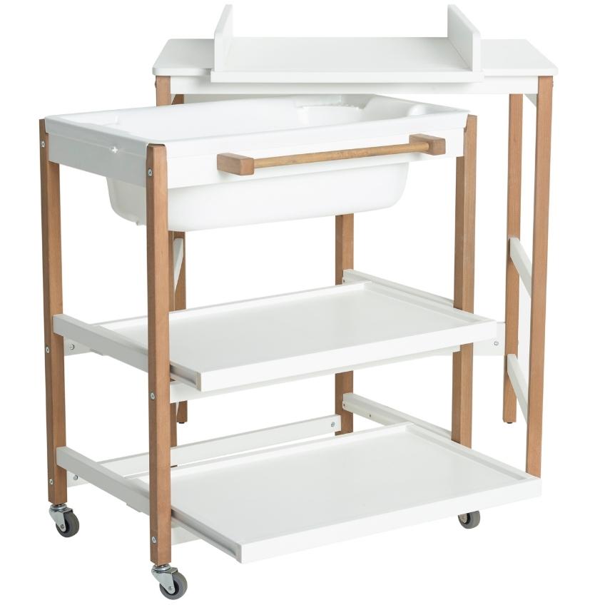 Bílý přebalovací pult s vaničkou Quax Smart s bukovou podnoží 82 x 91 cm