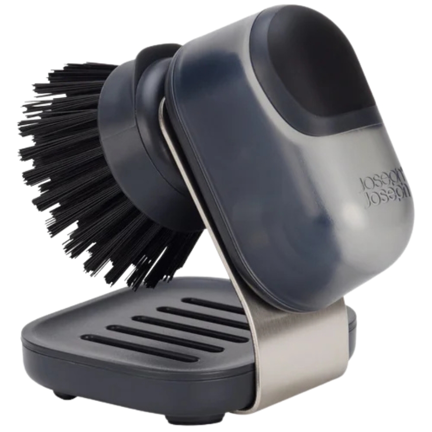 Joseph Joseph Šedý plastový kartáč na nádobí SinkTech Compact se stojánkem