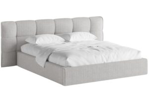 Světle šedá bouclé dvoulůžková postel MICADONI Eric 180 x 200 cm s úložným prostorem