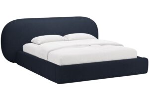 Micadoni Tmavě modrá bouclé dvoulůžková postel Ovalo 180 x 200 cm s úložným prostorem