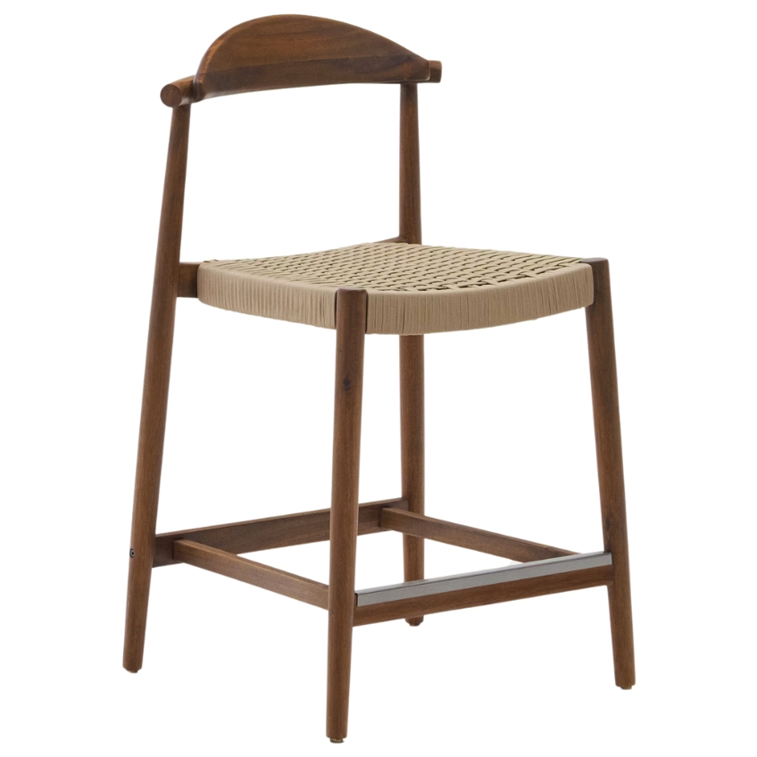 Kave Home Ořechová dřevěná barová židle Nina 62 cm s béžovým výpletem